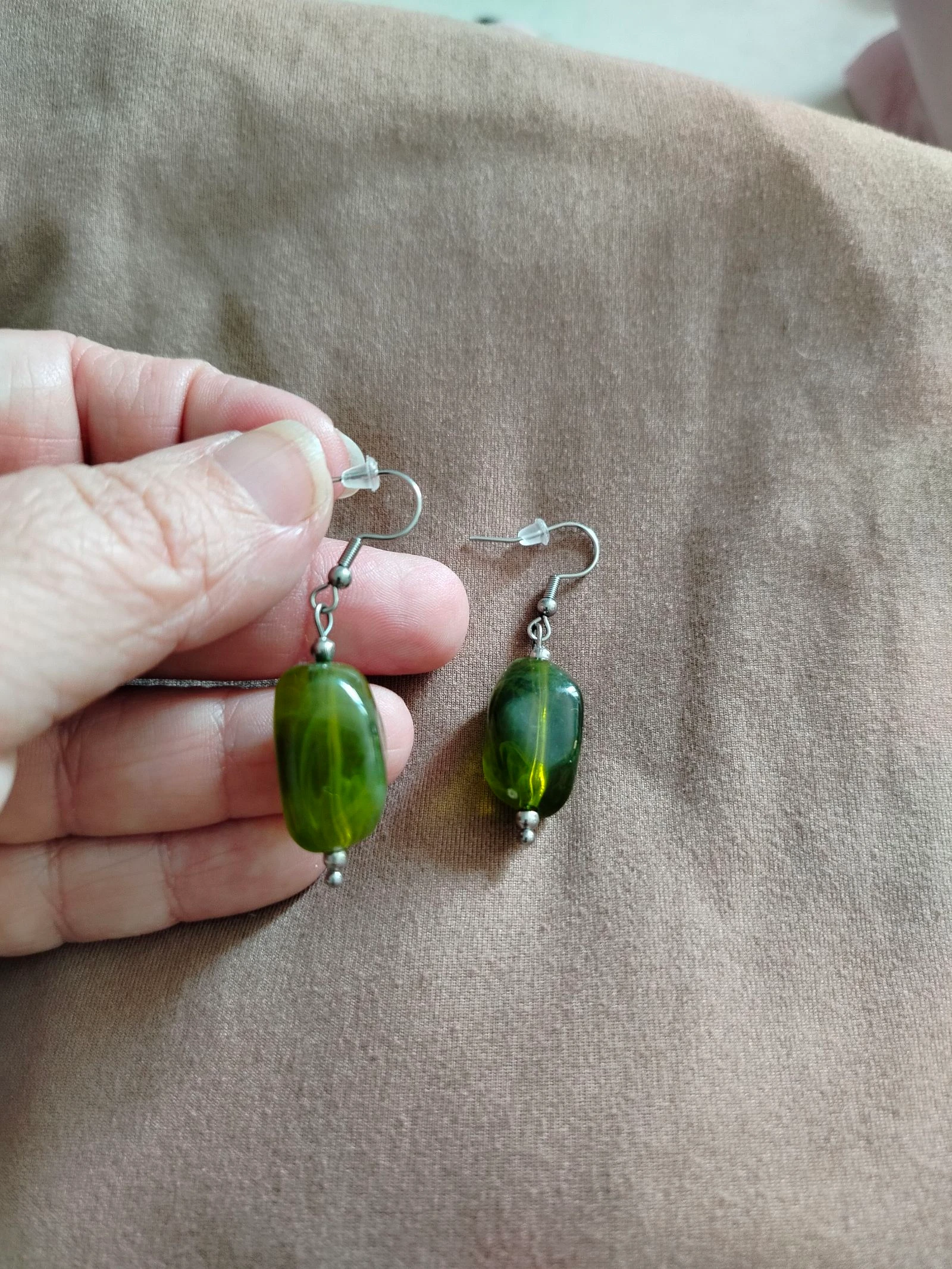 Olive green acrylic pearl stainless steel earrings – photo 2